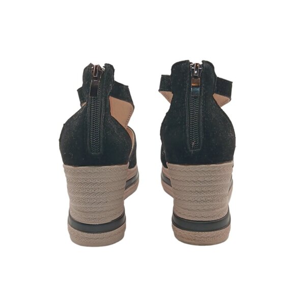 T-Strap Platform Sandals Womens 38 Black Faux Suede Back Zip Wedge Espadrille - Picture 4 of 5